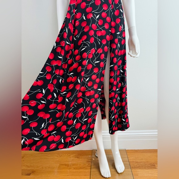 Reformation Lacey Black + Red Cherry Cherries Midi Dress Side Slit - Picture 5 of 9